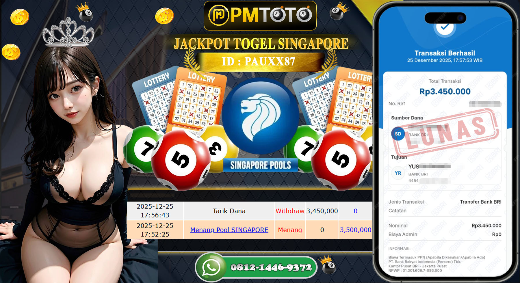 SELAMAT KEPADA MEMBER PMTOTO JACKPOT TOGEL SINGAPORE Rp.3.500.000.,- LUNAS
