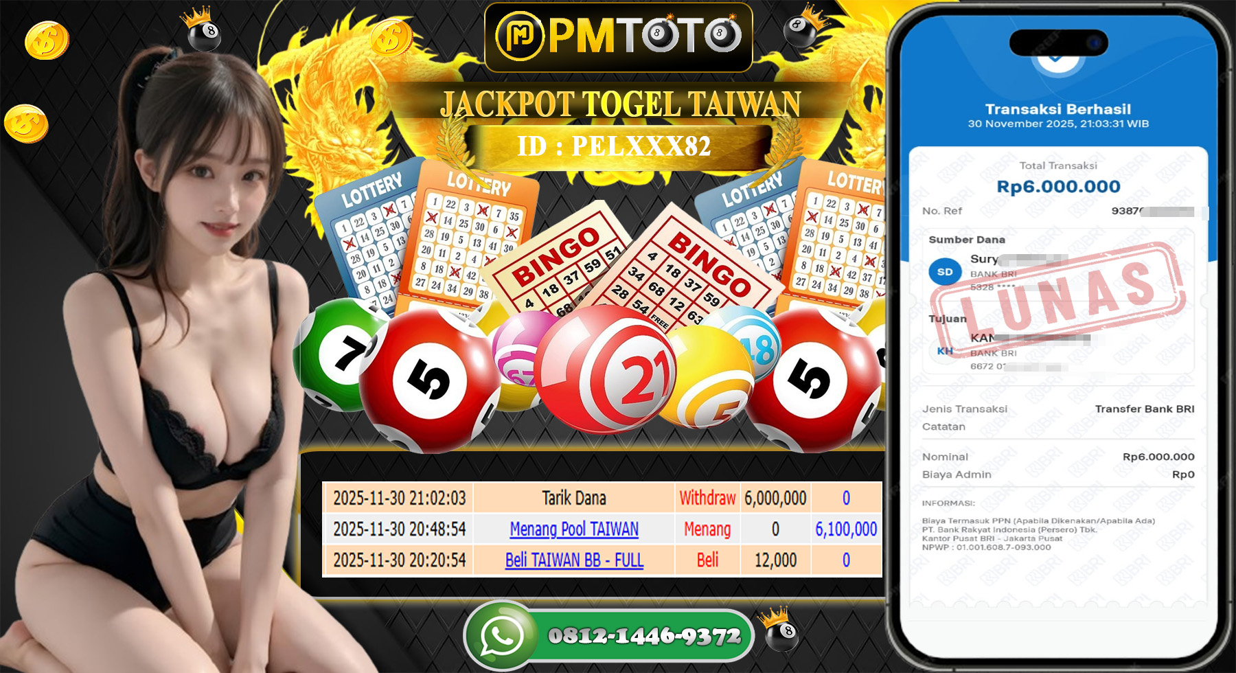 SELAMAT KEPADA MEMBER PMTOTO JACKPOT TOGEL TAIWAN Rp.6.000.000.,- LUNAS