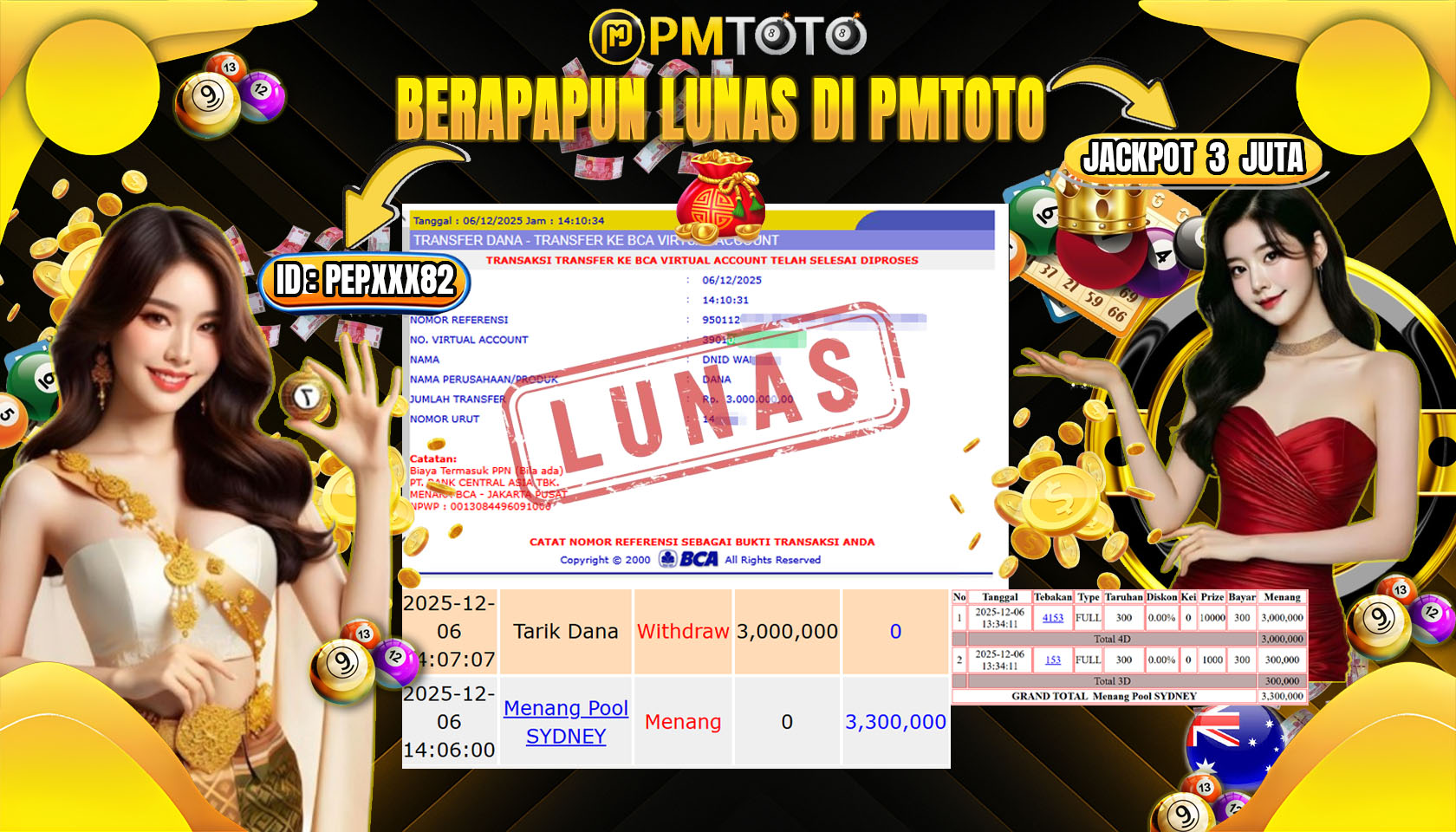 SELAMAT KEPADA MEMBER PMTOTO JACKPOT TOGEL SYDNEY Rp.3.000.000.,- LUNAS