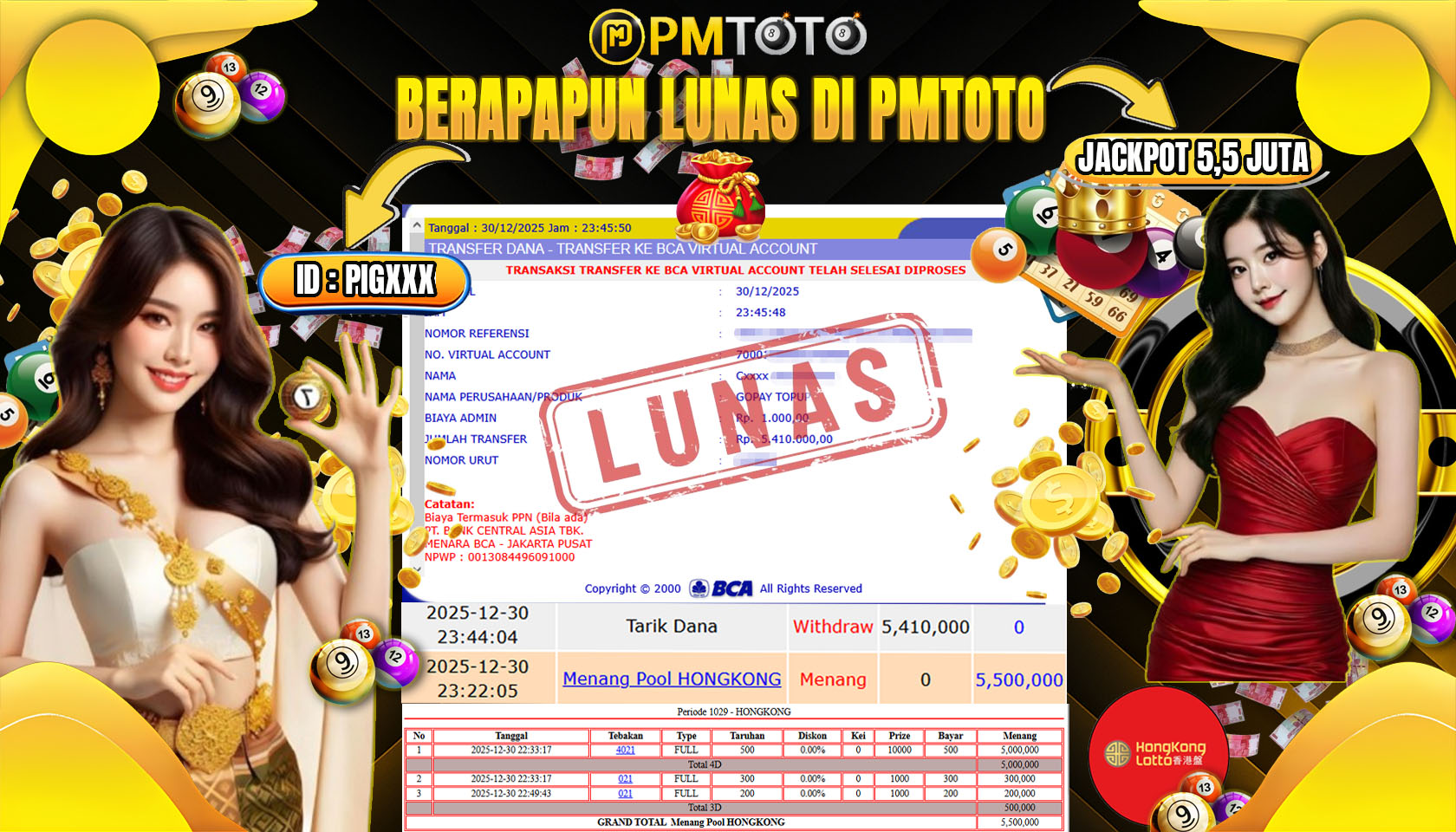 SELAMAT KEPADA MEMBER PMTOTO JACKPOT TOGEL HONGKONG LOTTO Rp.5.500.000.,- LUNAS