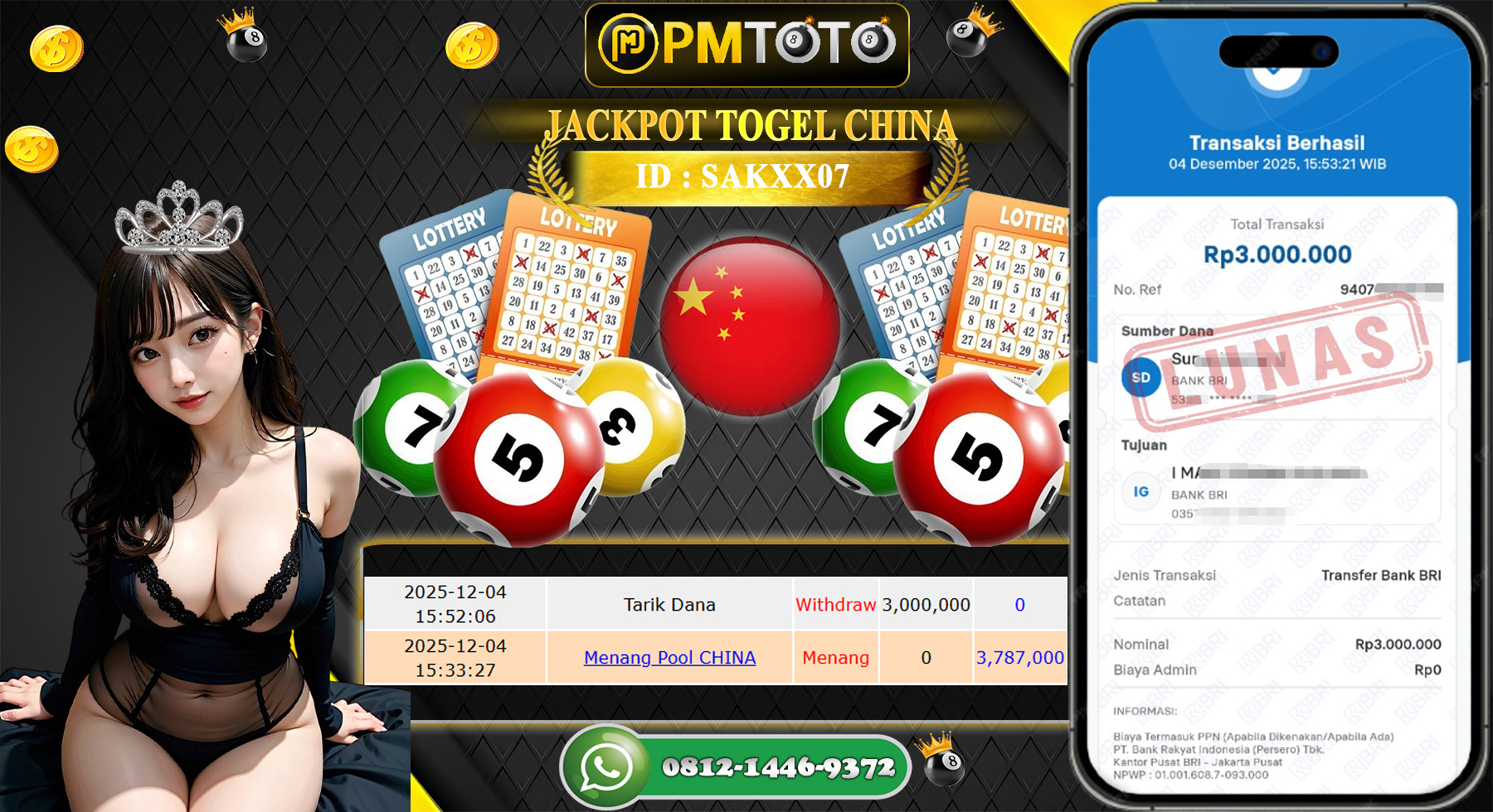SELAMAT KEPADA MEMBER PMTOTO JACKPOT TOGEL CHINA Rp.3.000.000.,- LUNAS