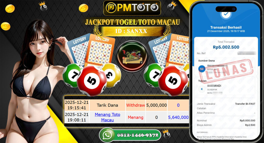 SELAMAT KEPADA MEMBER PMTOTO JACKPOT TOGEL TOTO MACAU Rp.5.000.000.,- LUNAS