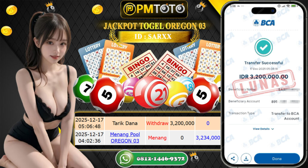 SELAMAT KEPADA MEMBER PMTOTO JACKPOT TOGEL OREGON 03 Rp.3.200.000.,- LUNAS