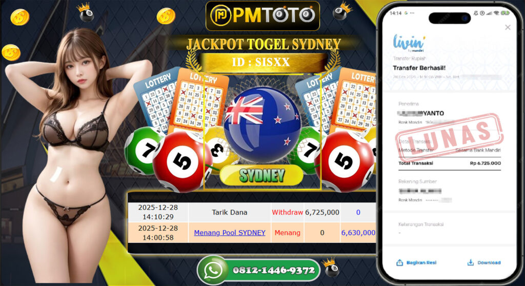 SELAMAT KEPADA MEMBER PMTOTO JACKPOT TOGEL SYDNEY Rp.6.630.000.,- LUNAS