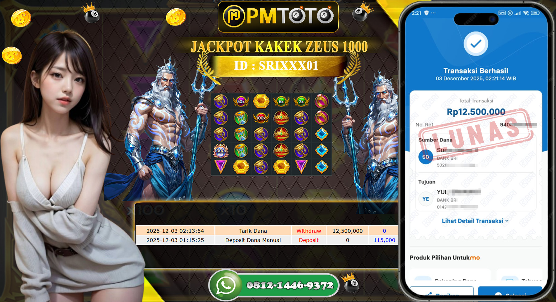 SELAMAT KEPADA MEMBER PMTOTO JACKPOT SLOT GATES OF OLYMPUS 1000 Rp.12.500.000.,- LUNAS