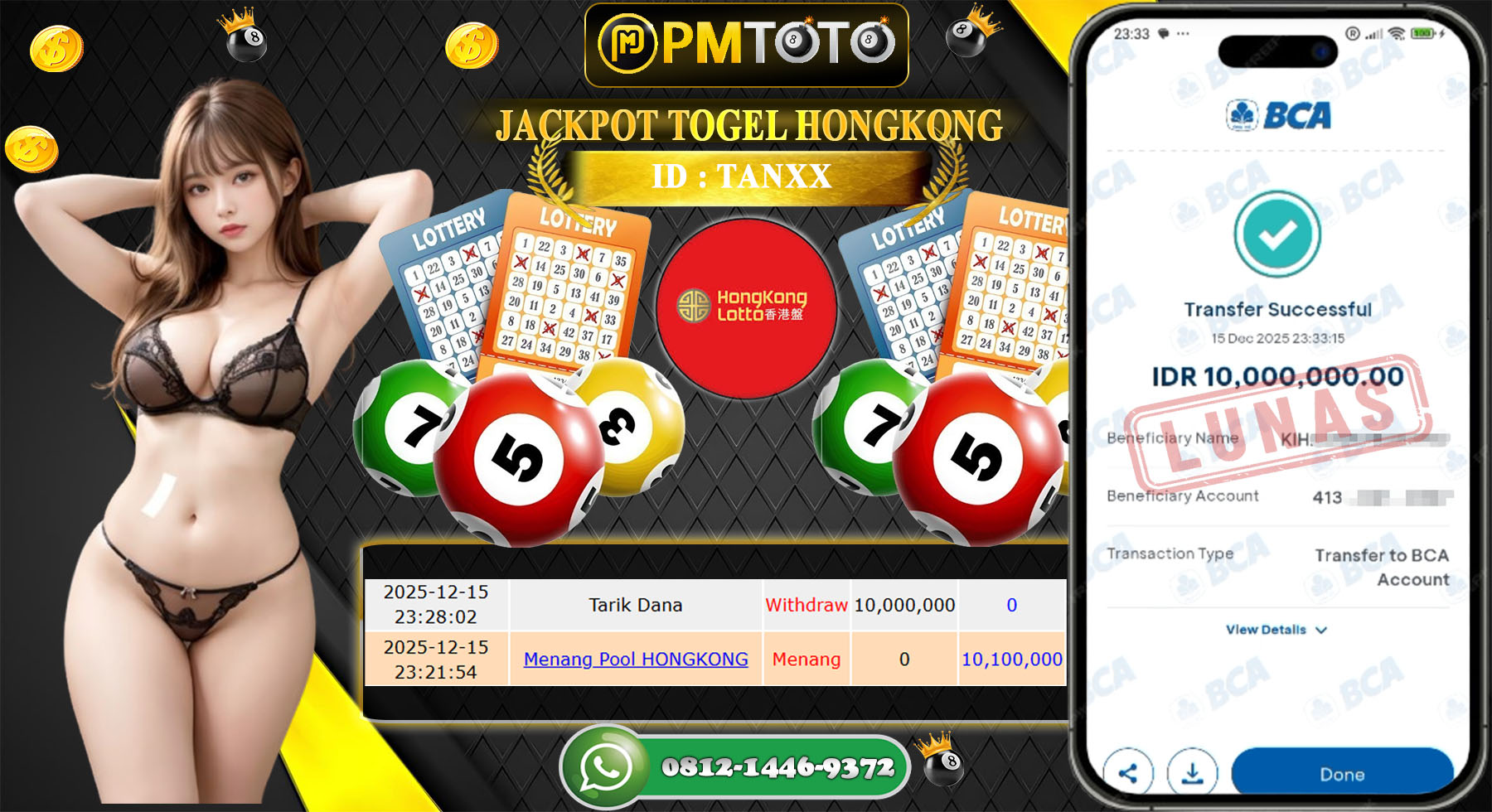 SELAMAT KEPADA MEMBER PMTOTO JACKPOT TOGEL HONGKONG LOTTO Rp.10.000.000.,- LUNAS