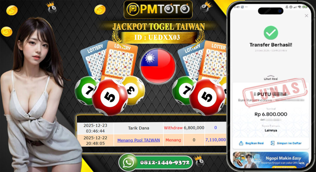 SELAMAT KEPADA MEMBER PMTOTO JACKPOT TOGEL TAIWAN Rp.6.800.000.,- LUNAS