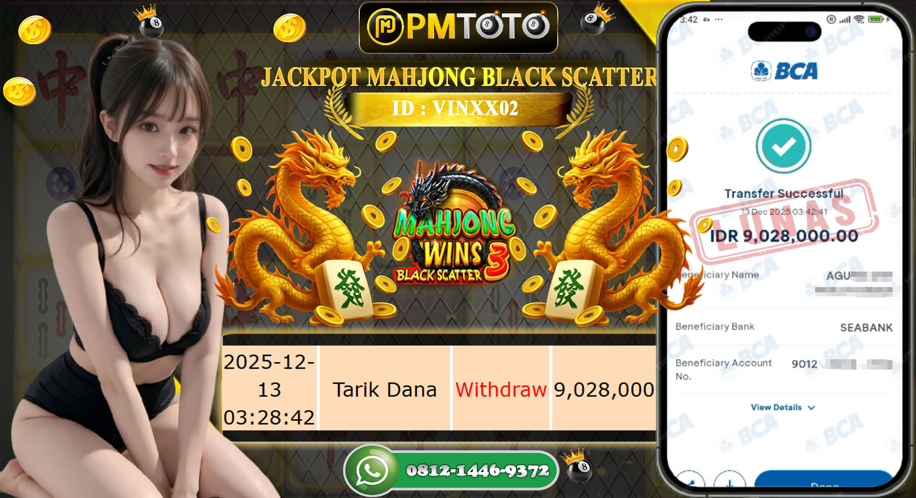 SELAMAT KEPADA MEMBER PMTOTO JACKPOT SLOT MAHJONG WINS 3 – BLACK SCATTER Rp.9.028.000.,- LUNAS