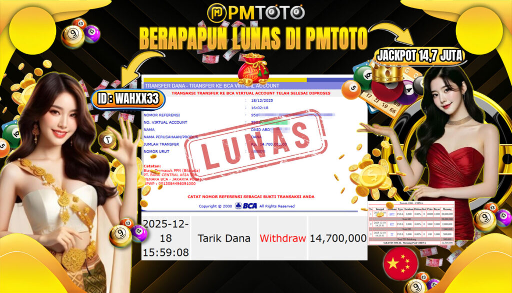 SELAMAT KEPADA MEMBER PMTOTO JACKPOT TOGEL CHINA Rp.14.700.000.,- LUNAS