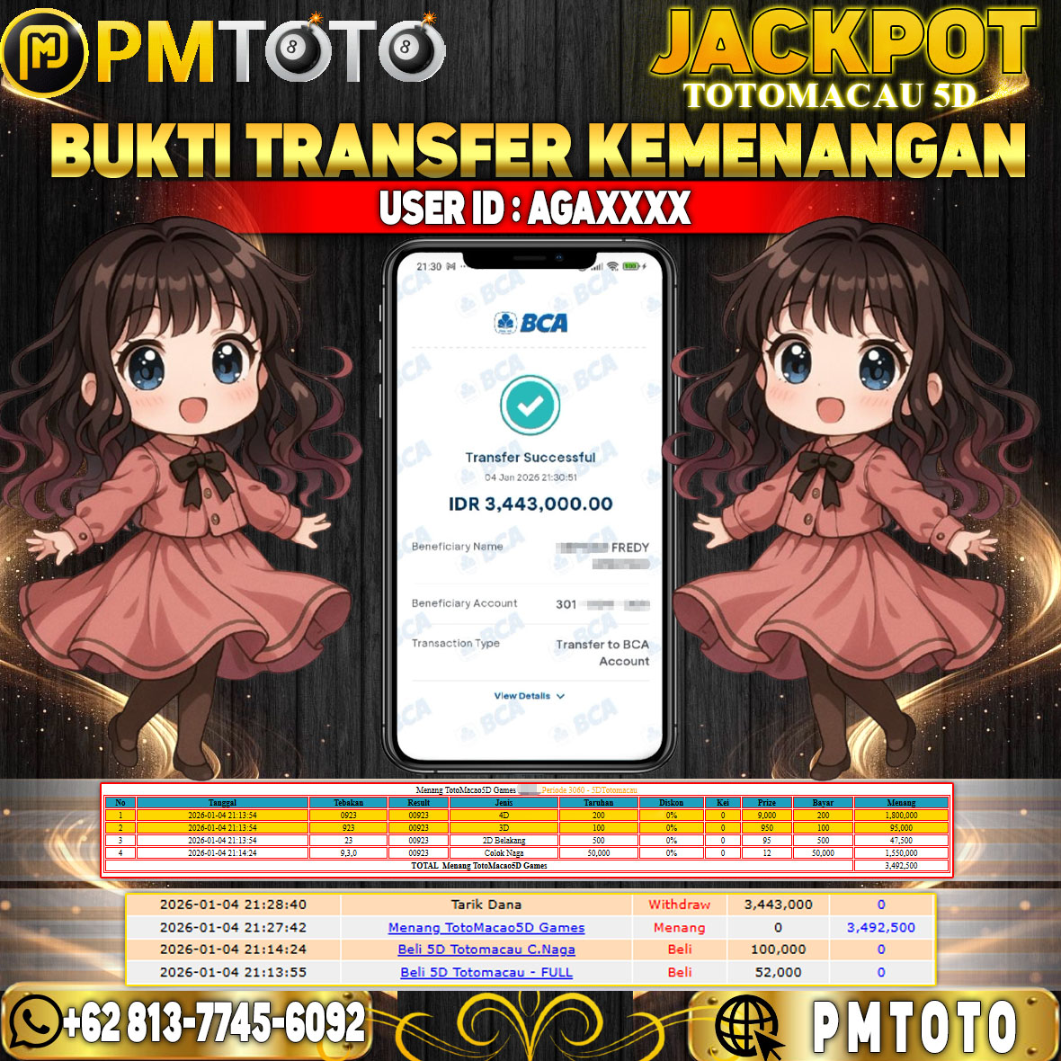 SELAMAT KEPADA MEMBER AGAXXX JACKPOT 3,4 JUTA DI TOGEL TOTO MACAU 5D