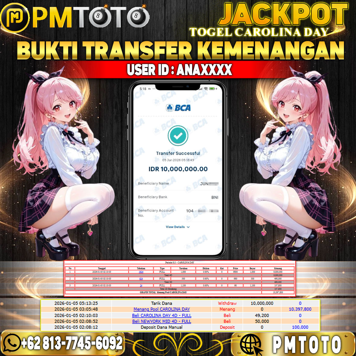 SELAMAT KEPADA MEMBER ANAXXXX JACKPOT 10 JUTA DI TOGEL CAROLINA DAY