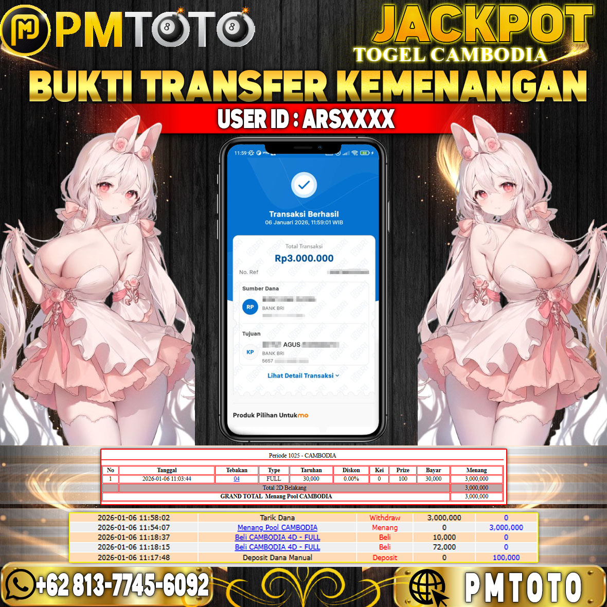 SELAMAT KEPADA MEMBER ARSXXXX JACKPOT 3 JUTA DI TOGEL CAMBODIA