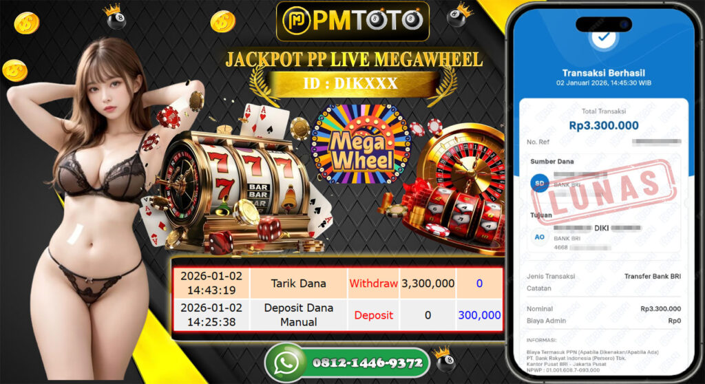 SELAMAT KEPADA MEMBER DIXXXX JACKPOT 3,3 JUTA DI CASINO PP LIVE MEGAWHEEL