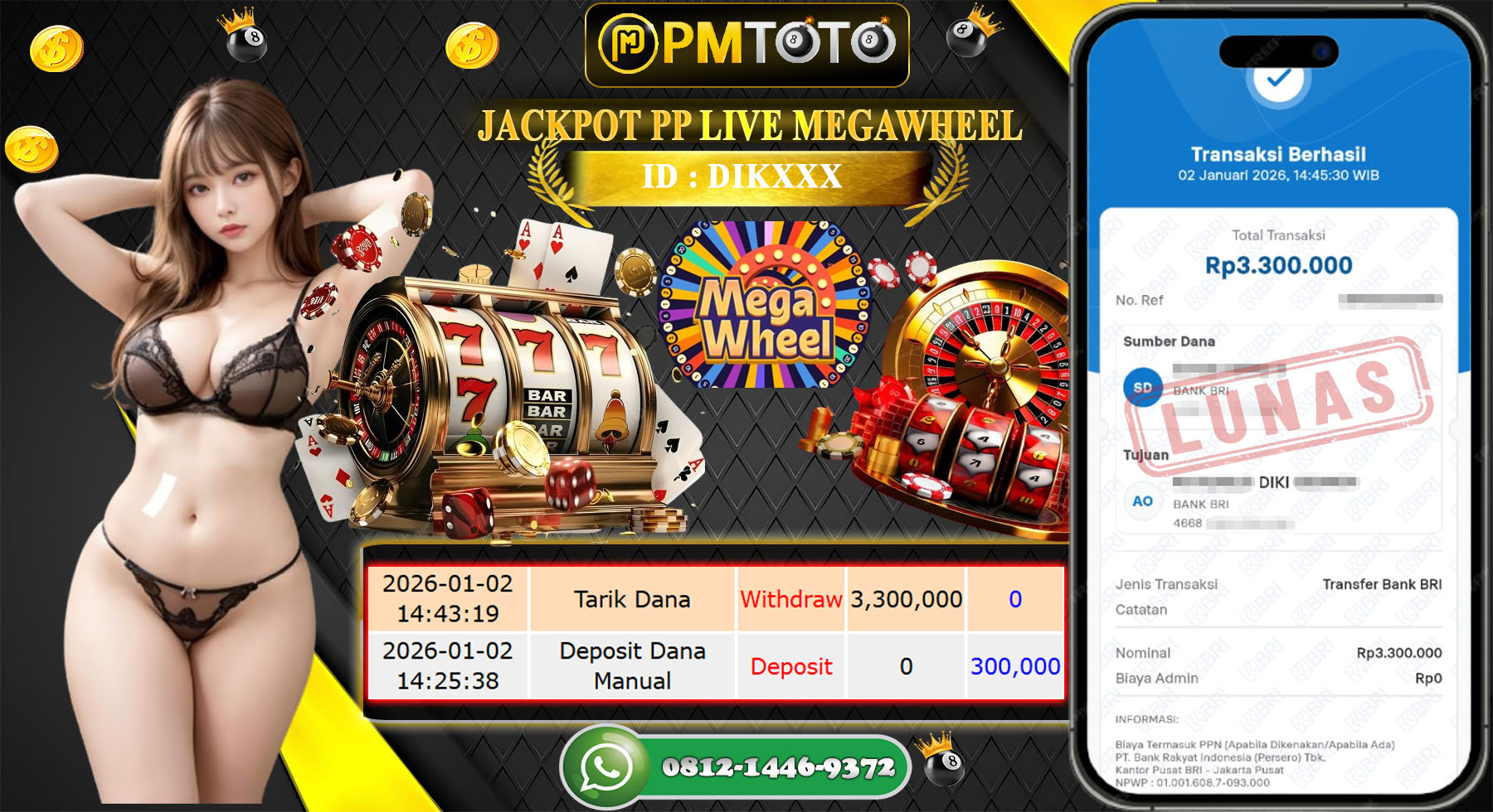 SELAMAT KEPADA MEMBER DIXXXX JACKPOT 3,3 JUTA DI CASINO PP LIVE MEGAWHEEL