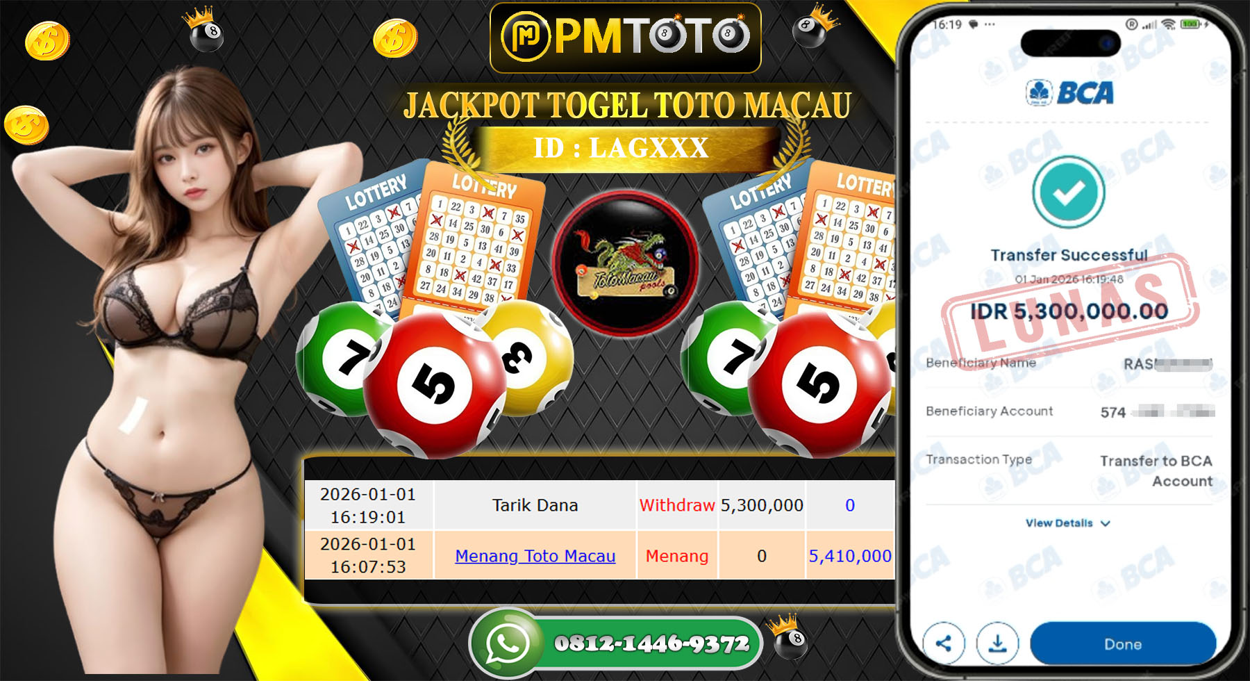 SELAMAT KEPADA MEMBER PMTOTO JACKPOT TOGEL TOTO MACAU Rp.5.410.000.,- LUNAS