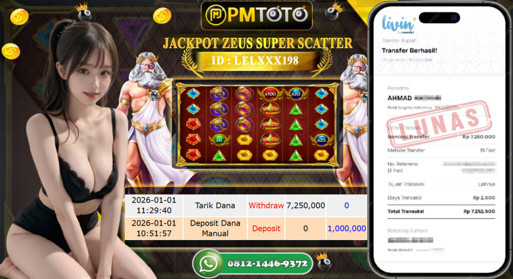 SELAMAT KEPADA MEMBER PMTOTO JACKPOT SLOT GATES OF OLYMPUS SUPER SCATTER Rp.7.250.000.,- LUNAS