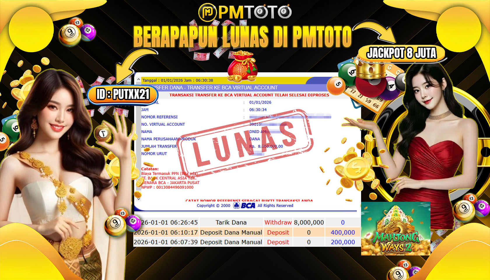 SELAMAT KEPADA MEMBER PMTOTO JACKPOT SLOT MAHJONG WAYS 2 Rp.8.000.000.,- LUNAS