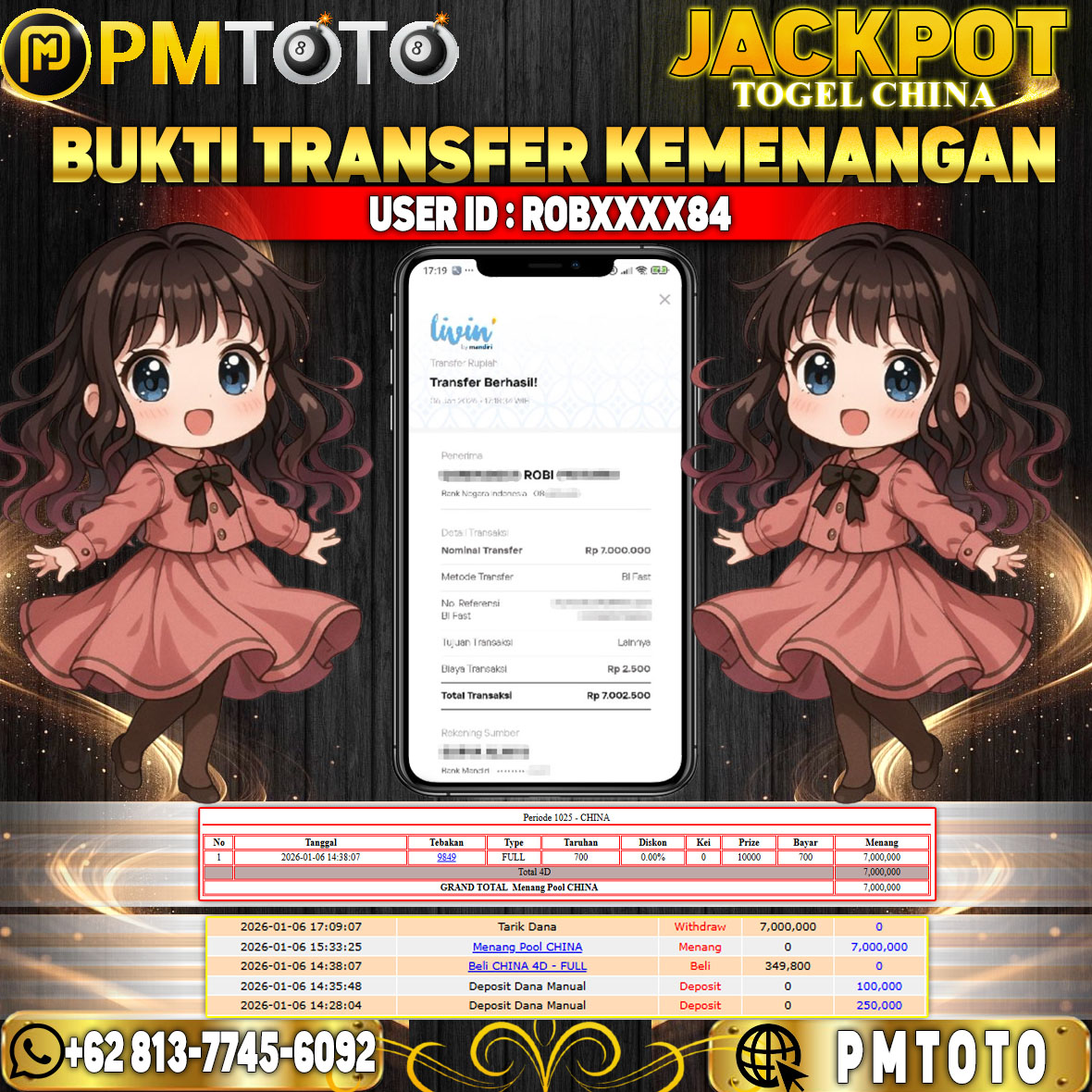 SELAMAT KEPADA MEMBER ROBXXXX84 JACKPOT 7 JUTA DI TOGEL CHINA