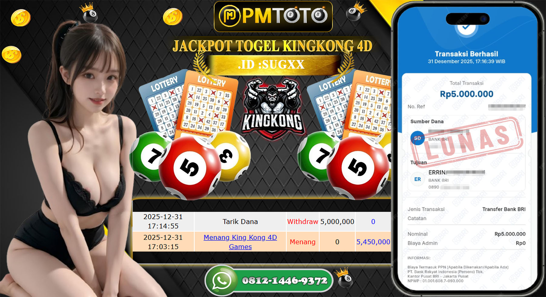 SELAMAT KEPADA MEMBER PMTOTO JACKPOT TOGEL KINGKONG 4D Rp.5.450.000.,- LUNAS