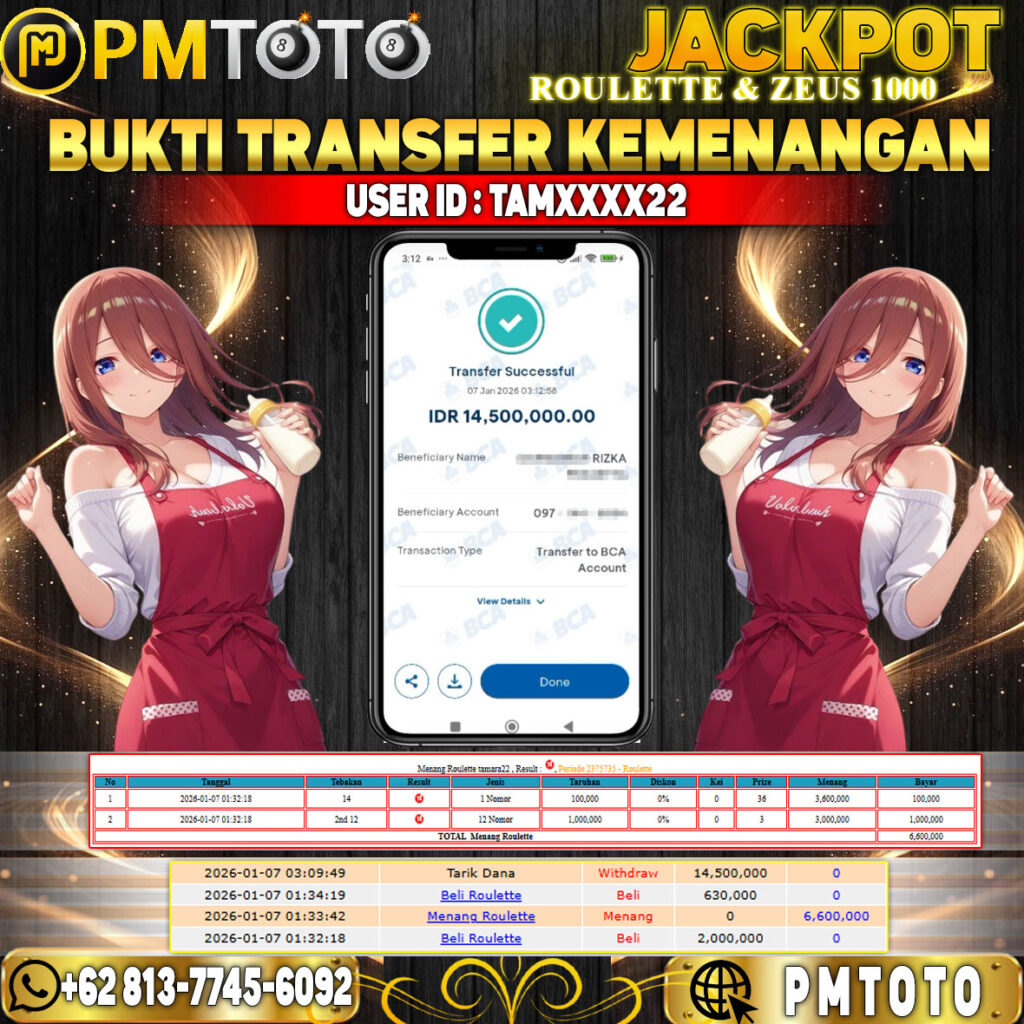 SELAMAT KEPADA MEMBER TAMXXXX22 JACKPOT 14,5 JUTA DI CASINO ROULETTE & SLOT OLYMPUS 1000