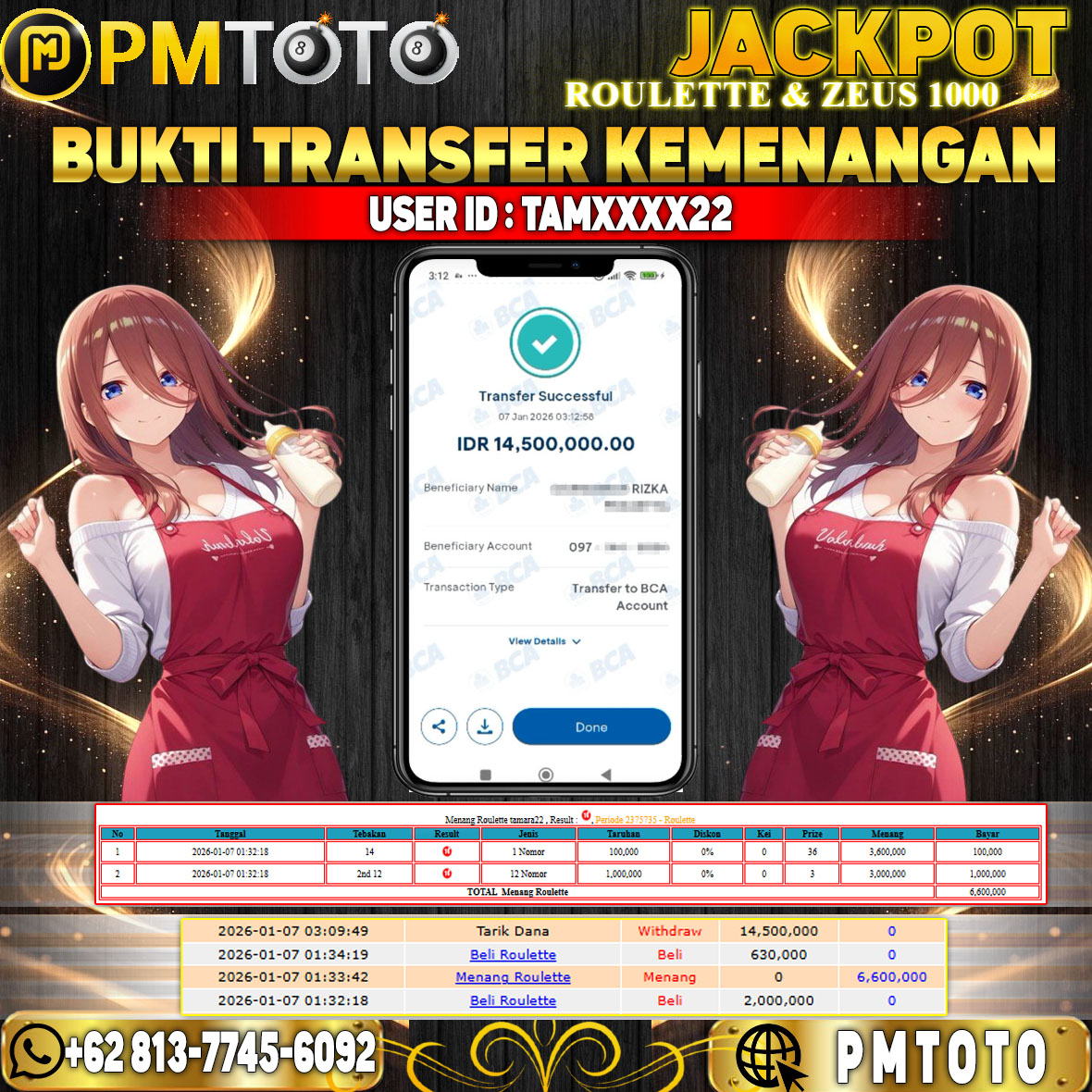 SELAMAT KEPADA MEMBER TAMXXXX22 JACKPOT 14,5 JUTA DI CASINO ROULETTE & SLOT OLYMPUS 1000