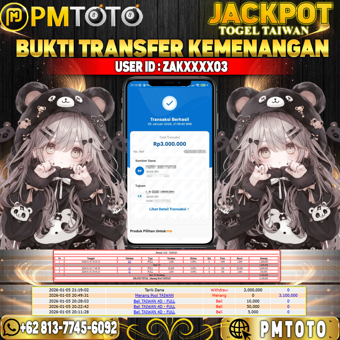 SELAMAT KEPADA MEMBER ZAKXXXX03 JACKPOT 3 JUTA DI TOGEL TAIWAN