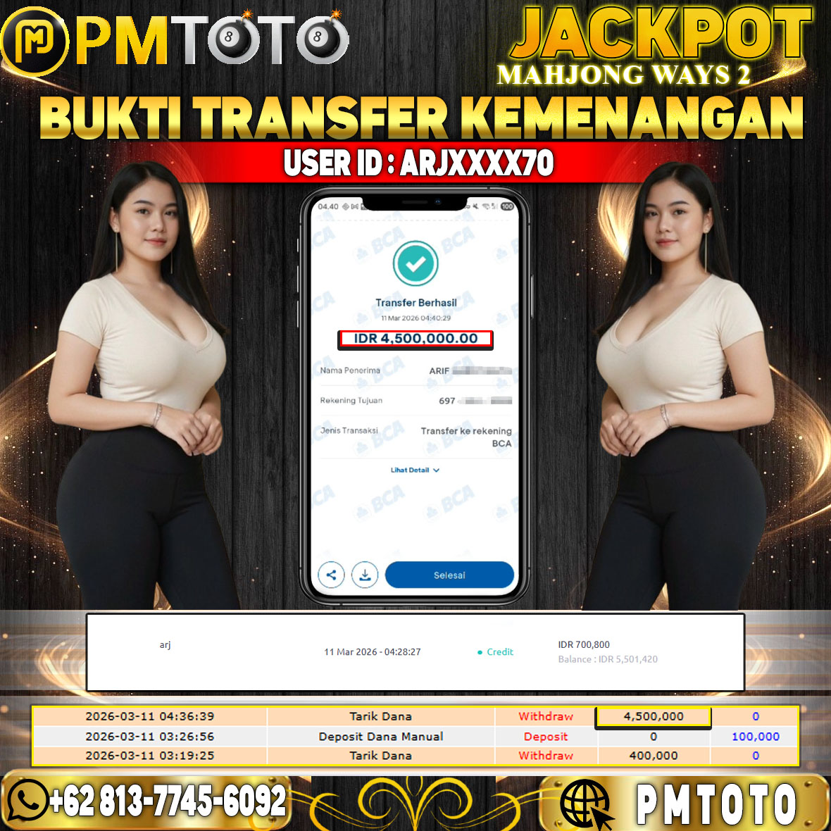 SELAMAT KEPADA MEMBER ARJXXXX70 JACKPOT 4,5 JUTA DI MAHJONG WAYS 2