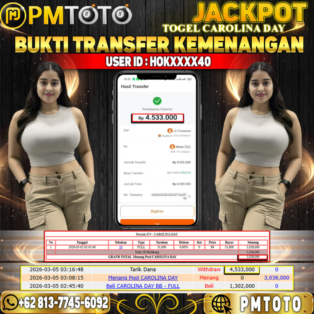 SELAMAT KEPADA MEMBER HOKXXXX40 JACKPOT 4,5 JUTA DI TOGEL CAROLINA DAY