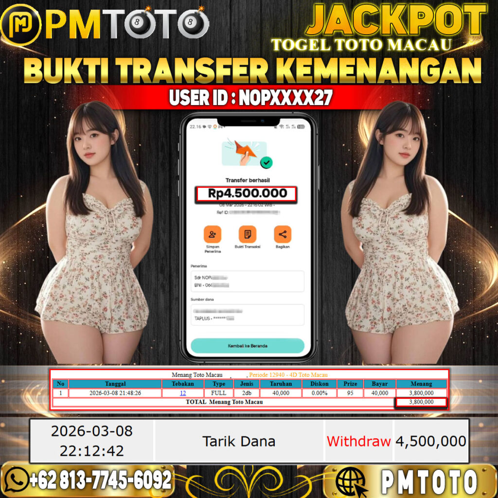 SELAMAT KEPADA MEMBER NOPXXXX27 JACKPOT 4,5 JUTA DI TOGEL TOTO MACAU