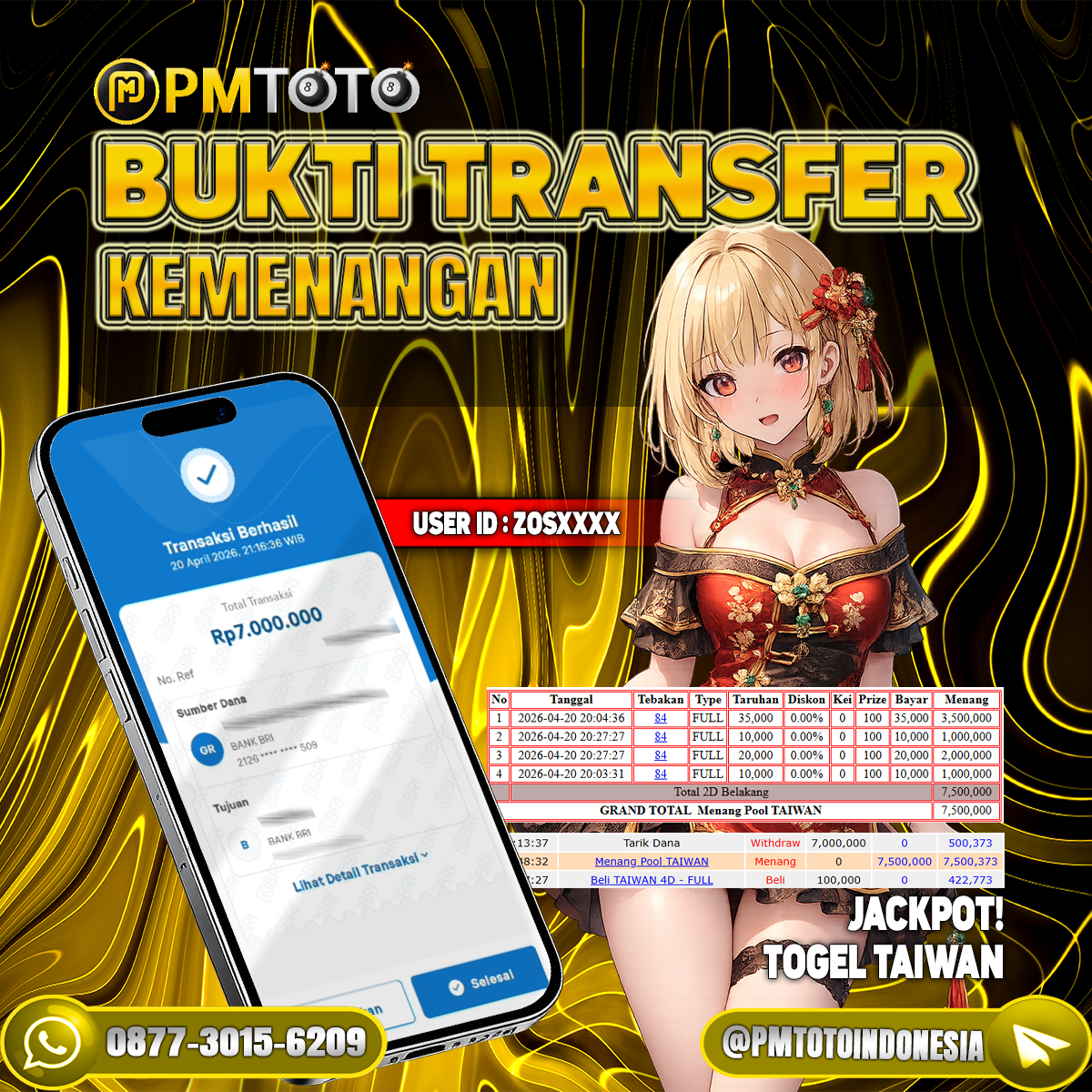 SELAMAT KEPADA MEMBER ZOSXXXX JACKPOT 7 JUTA DI TOGEL TAIWAN