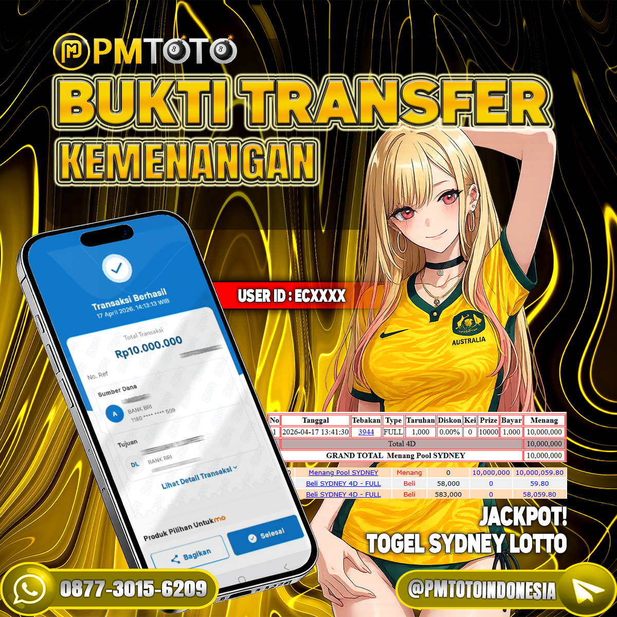 SELAMAT KEPADA MEMBER ECXXXX JACKPOT 10 JUTA DI TOGEL SYDNEY LOTTO
