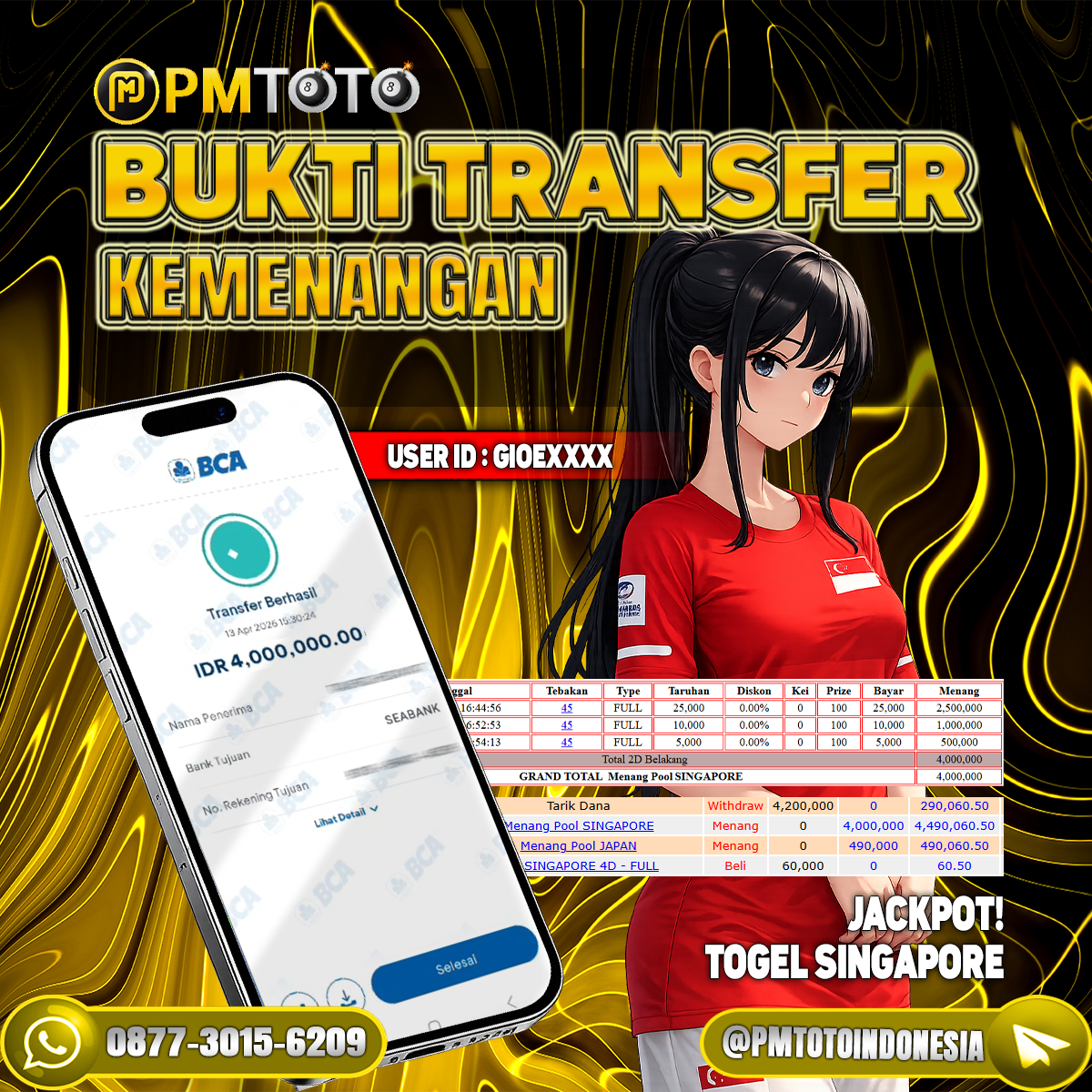 SELAMAT KEPADA MEMBER GIOEXXXXXX JACKPOT 4 JUTA DI TOGEL SINGAPORE