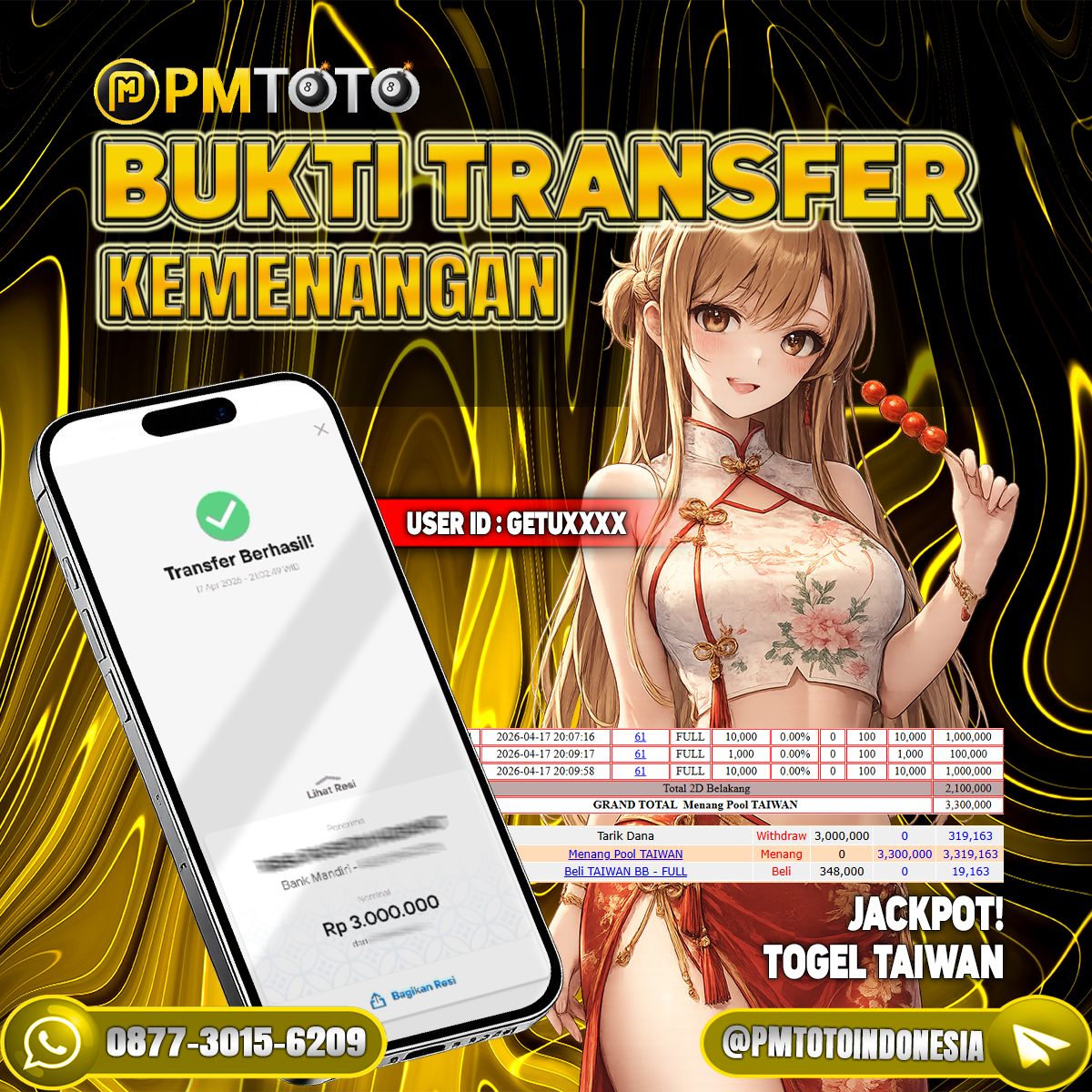 SELAMAT KEPADA MEMBER GETUXXXX JACKPOT 3 JUTA DI TOGEL TAIWAN