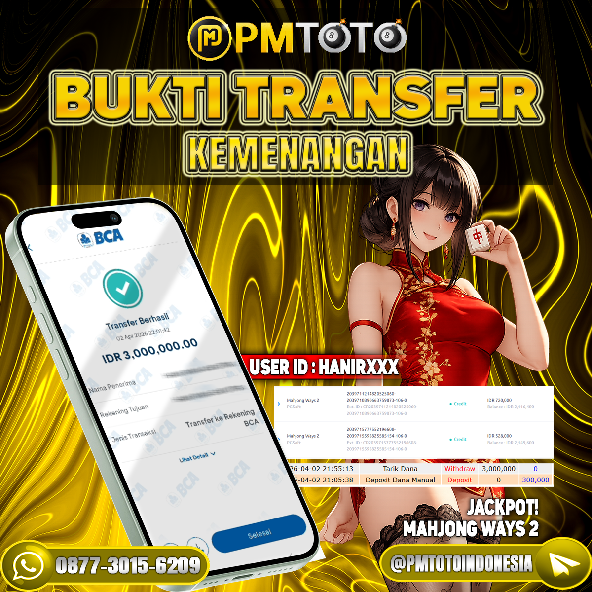 SELAMAT KEPADA MEMBER HANIRXXX JACKPOT 3 JUTA DI SLOT MAHJONG WAYS 2