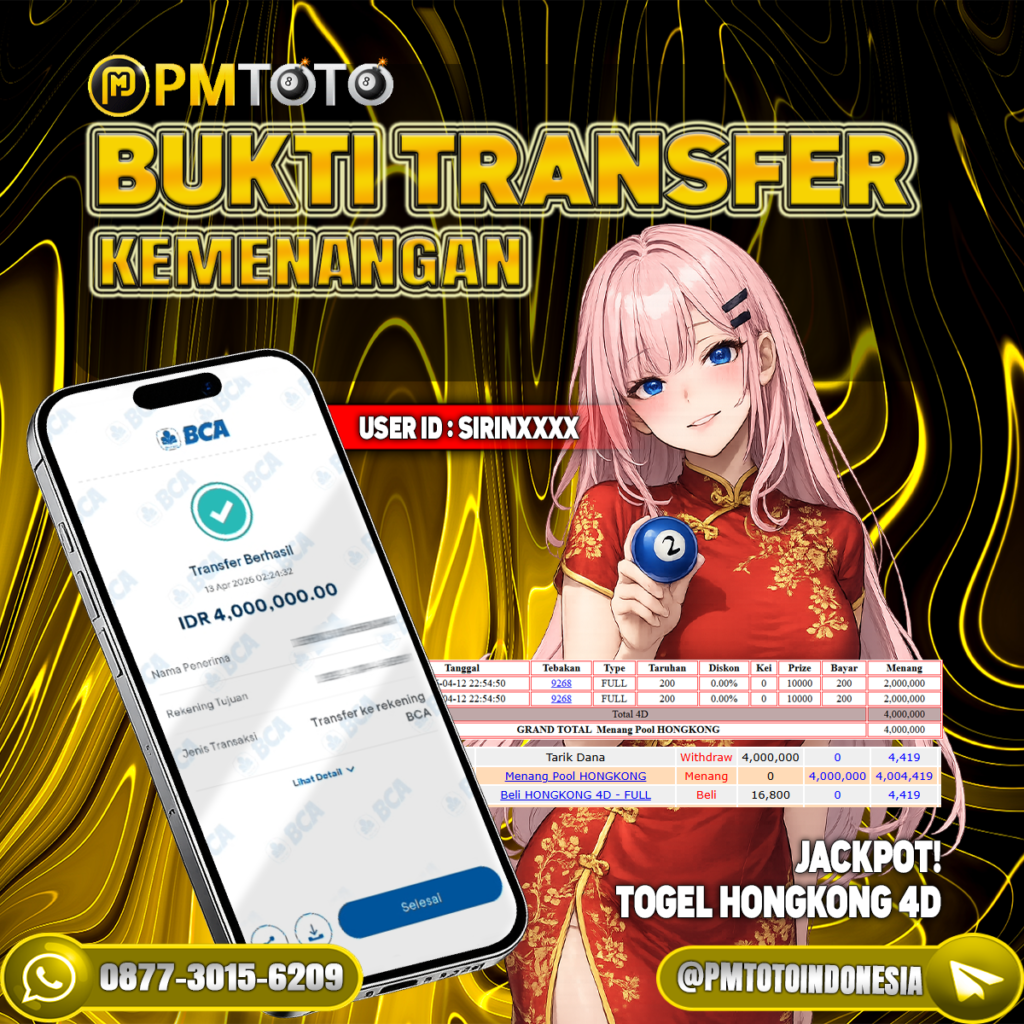 SELAMAT KEPADA MEMBER SIRINXXXX JACKPOT  4 JUTA DI TOGEL HONGKONG 4D