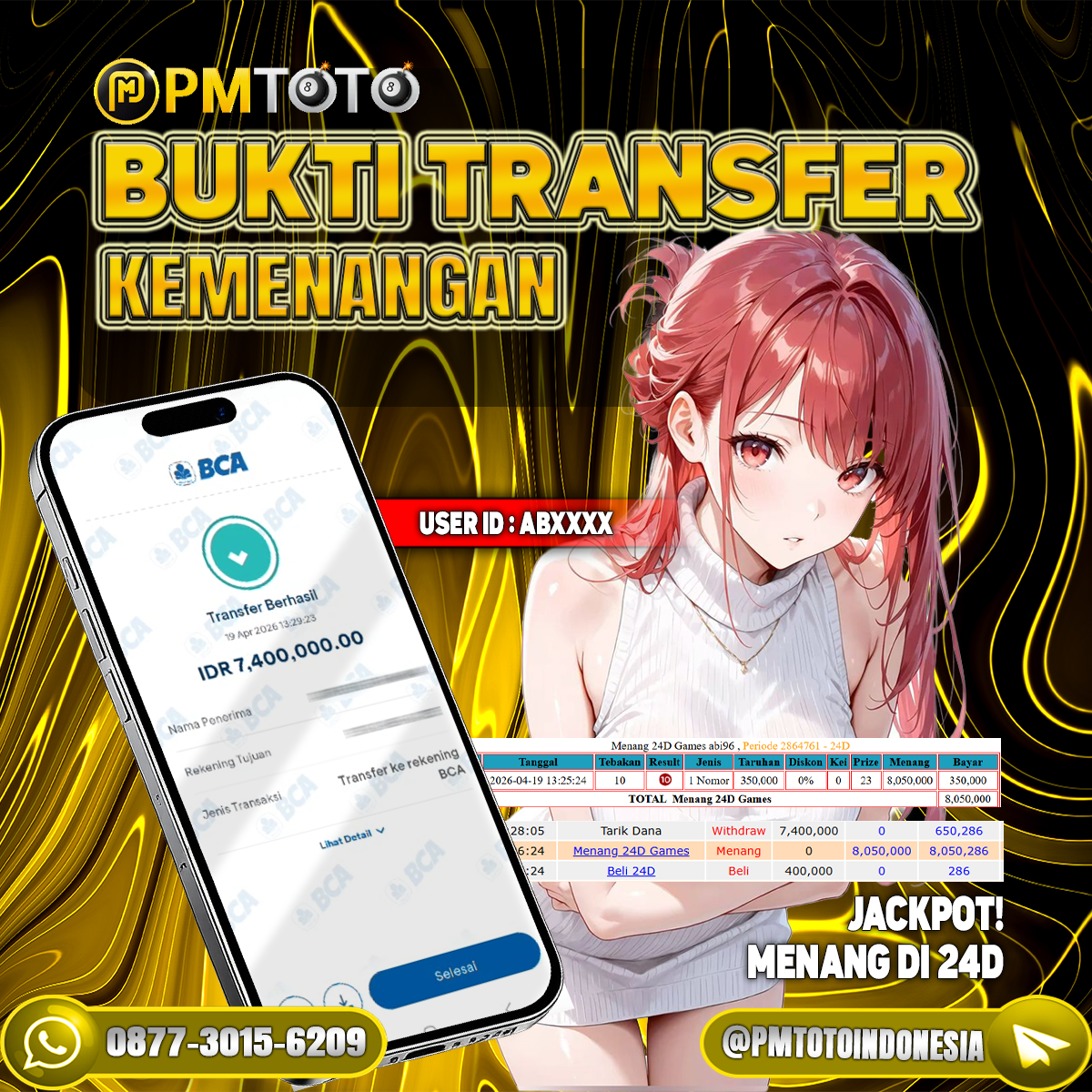 SELAMAT KEPADA MEMBER ABXXXXX JACKPOT 7.4 JUTA DI 24D