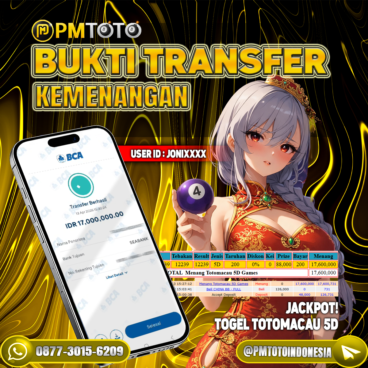 SELAMAT KEPADA MEMBER JONIXXXX JACKPOT 17 JUTA DI TOGEL TOTOMACAU 5D