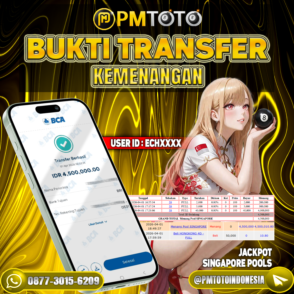 SELAMAT KEPADA MEMBER ECHXXXX JACKPOT 4.5 JUTA DI TOGEL SINGAPORE