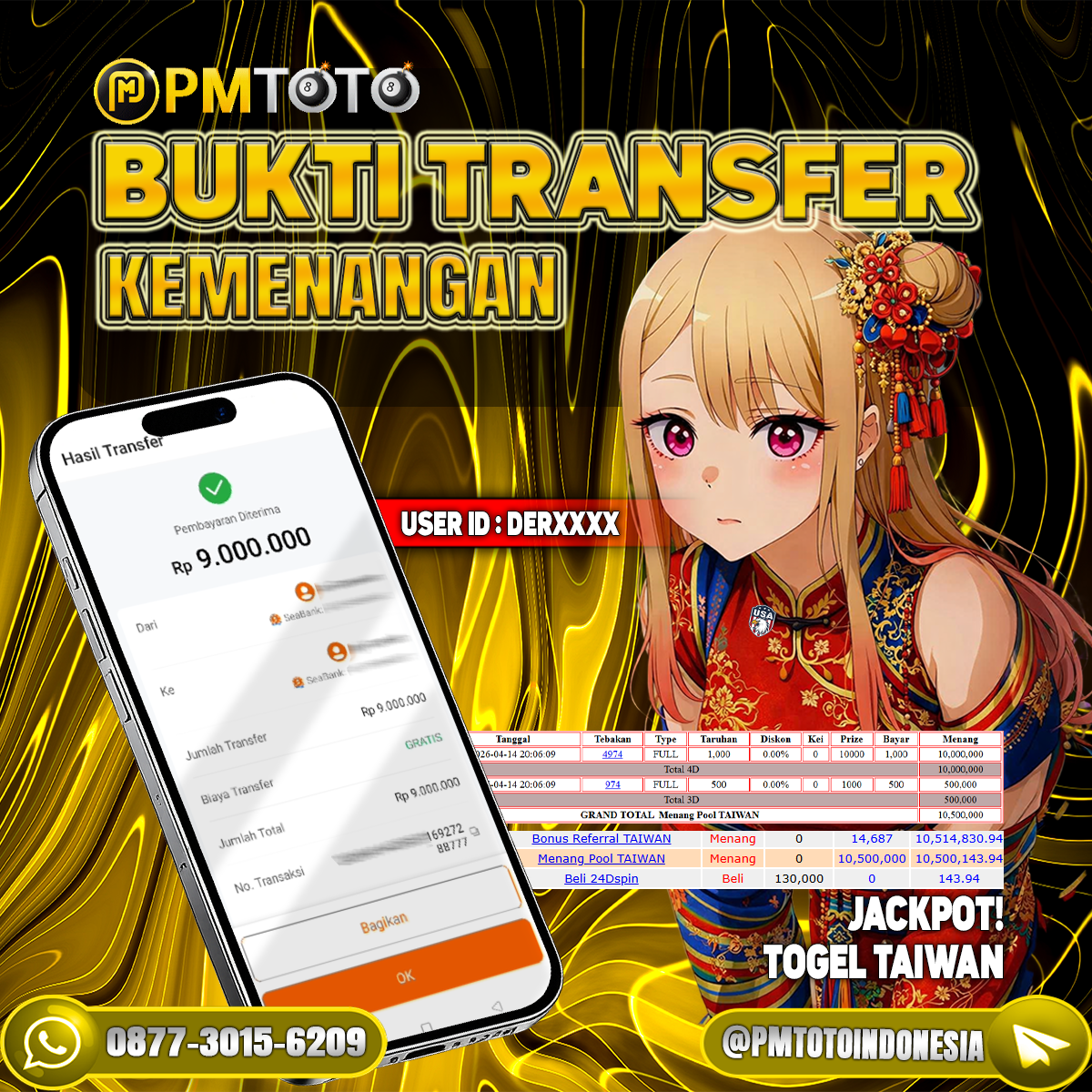 SELAMAT KEPADA MEMBER DERXXXX JACKPOT 9 JUTA DI TOGEL TAIWAN