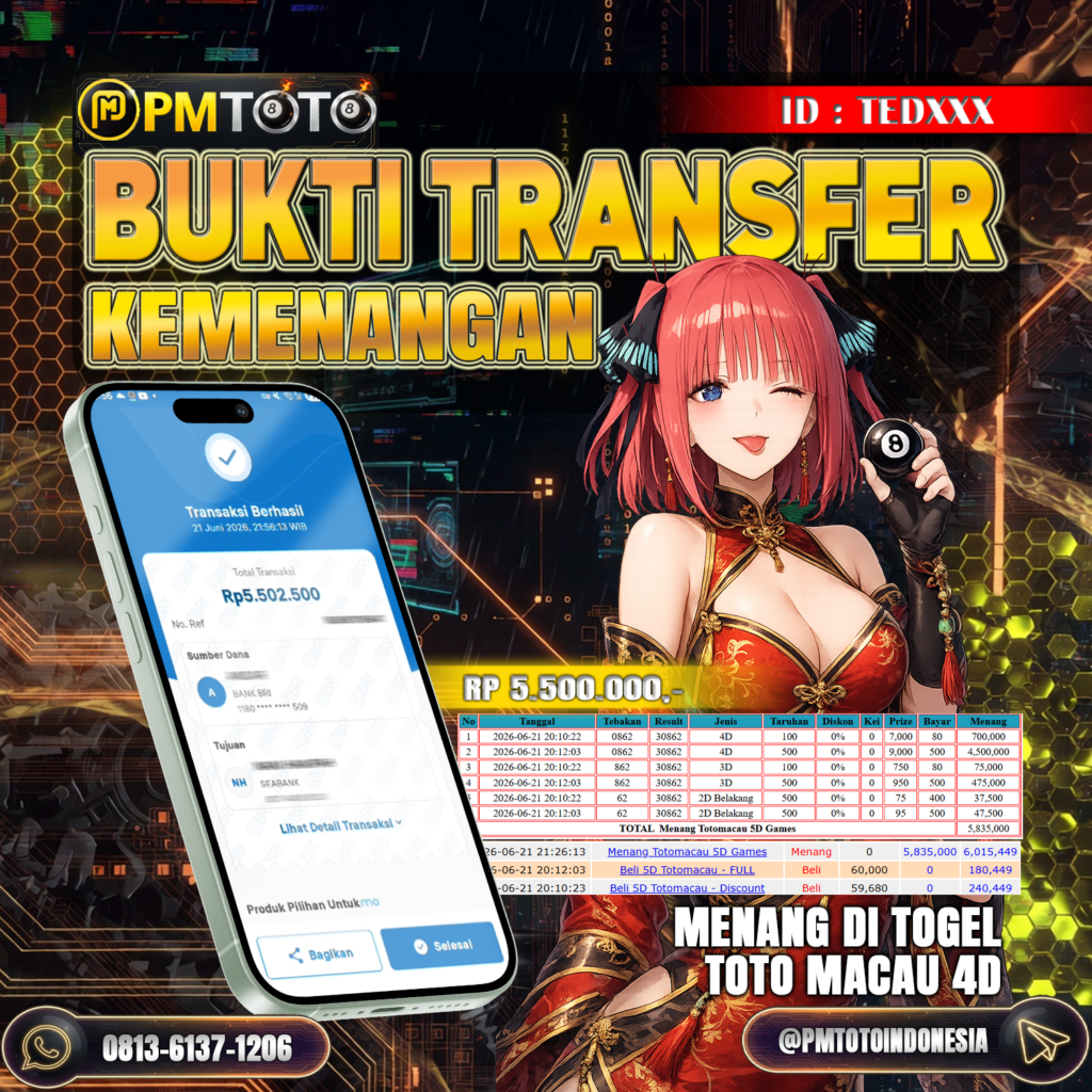 SELAMAT KEPADA MEMBER TEDXXX JACKPOT 5.5 JUTA DI TOGEL TOTO MACAU 5D