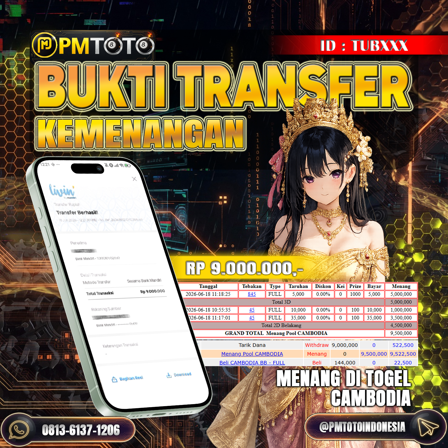 SELAMAT KEPADA MEMBER TUBXXX JACKPOT 9 JUTA DI TOGEL CAMBODIA