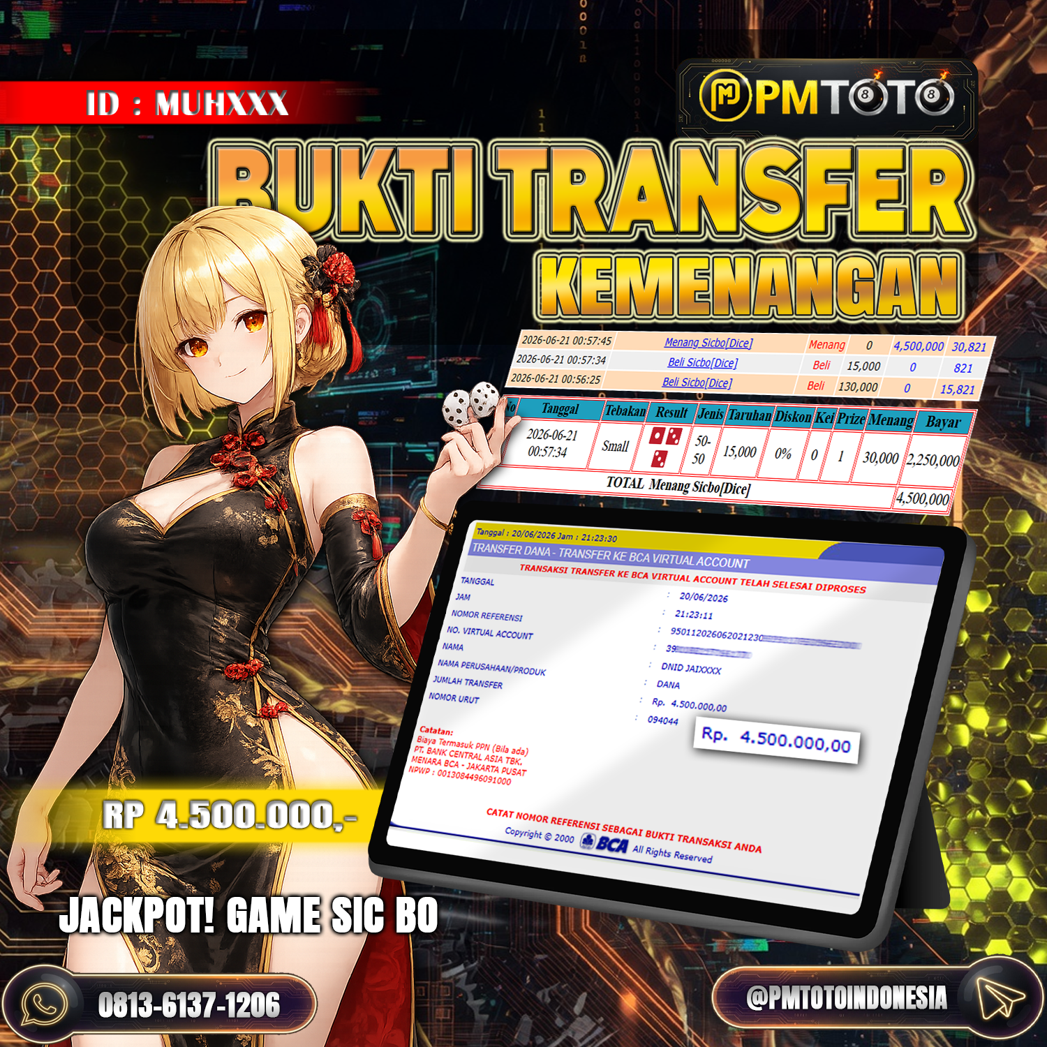 SELAMAT KEPADA MEMBER MUHXXX JACKPOT 4.5 JUTA DI LIVE GAME SIC BO