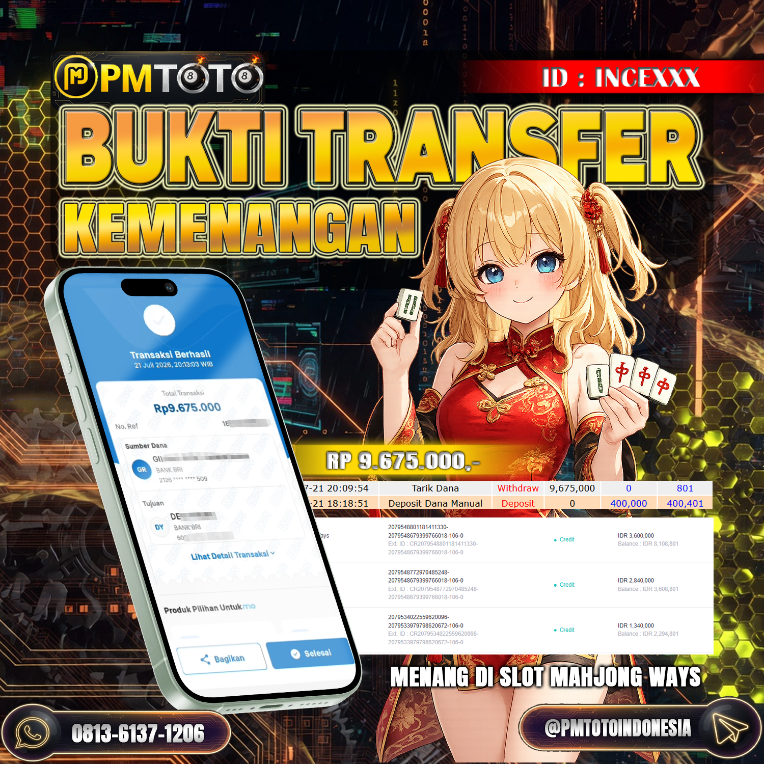 SELAMAT KEPADA MEMBER INCEXXX JACKPOT 9.6 JUTA DI SLOT MAHJONG WAYS