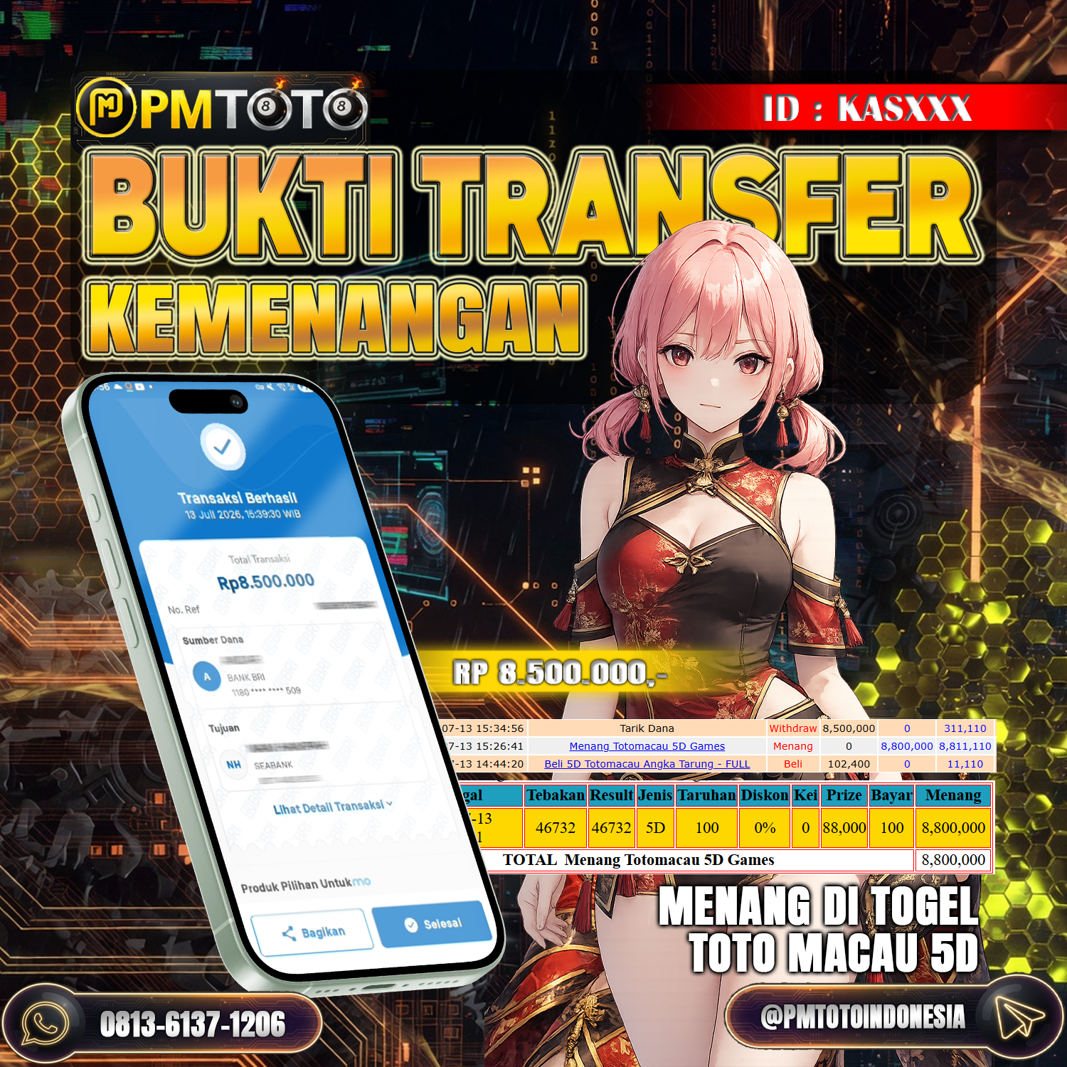 SELAMAT KEPADA MEMBER KASXXX JACKPOT 8.5 JUTA DI TOGEL TOTO MACAU 5D