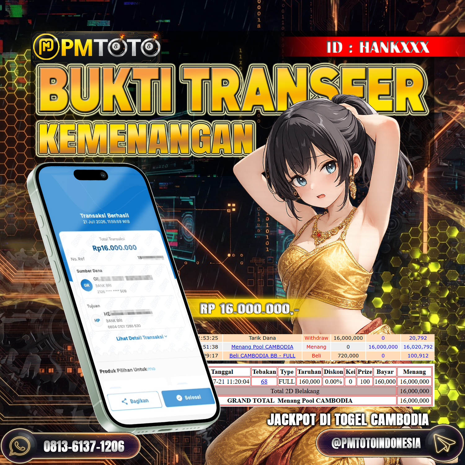 SELAMAT KEPADA MEMBER HANKXXX JACKPOT 16 JUTA DI TOGEL CAMBODIA
