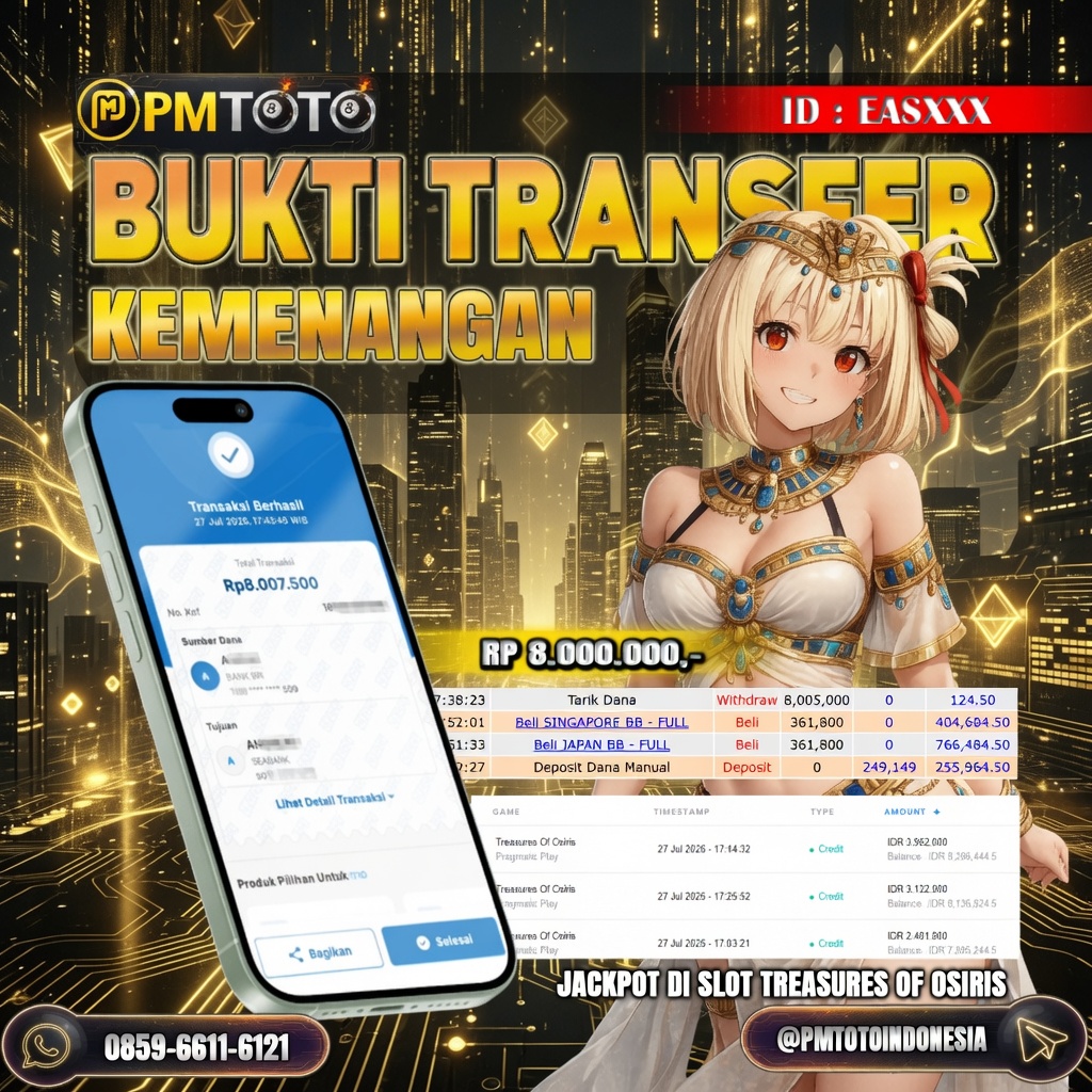 SELAMAT KEPADA MEMBER EASXXX JACKPOT 8 JUTA DI SLOT TRASURES OF OSIRIS