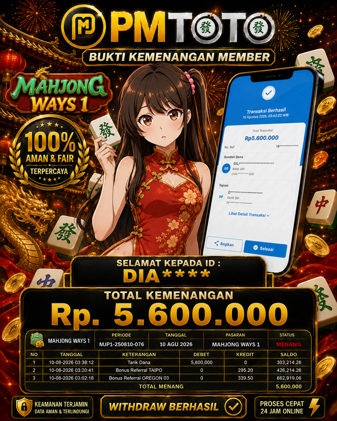 SELAMAT KEPADA MEMBER DIAXXX JACKPOT 5.6 JUTA DI SLOT MAHJONG WAYS 1