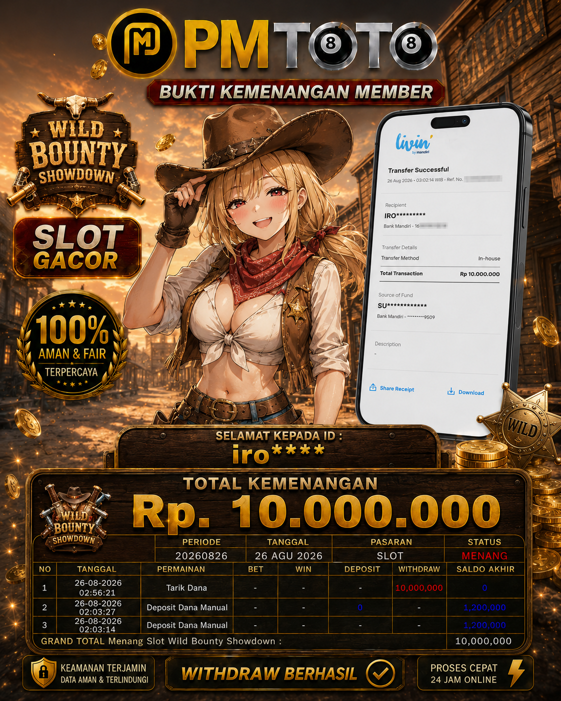 SELAMAT KEPADA MEMBER IROXXX JACKPOT 10 JUTA DI SLOT WILD BOUNTY SHOWDOWN