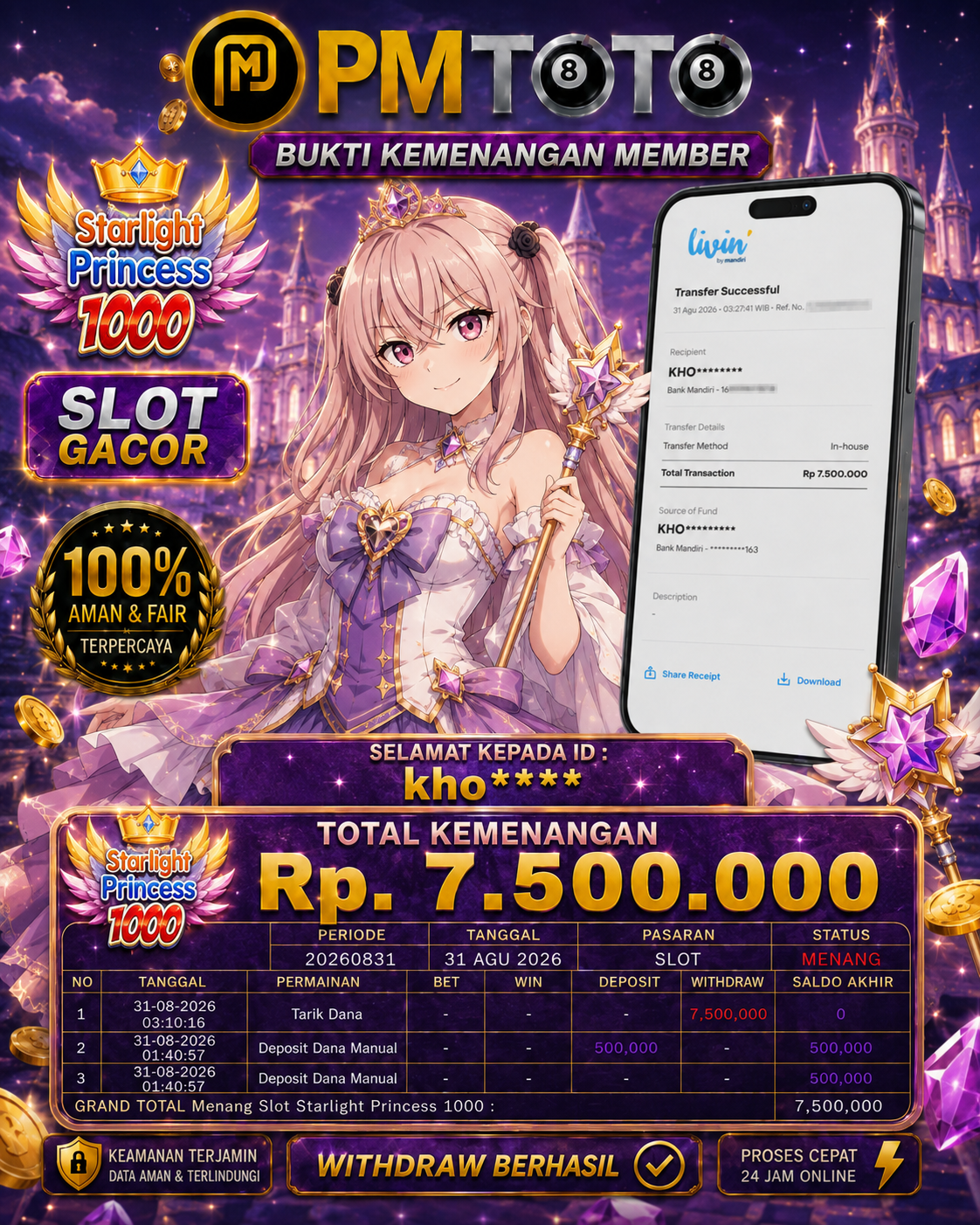 SELAMAT KEPADA MEMBER KHOXXX JACKPOT 7.5 JUTA DI SLOT STAR LIGHT PRINCESS 1000