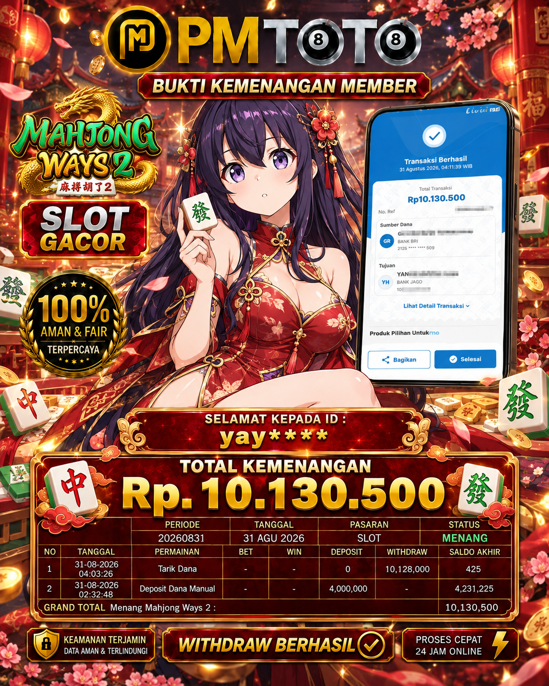 SELAMAT KEPADA MEMBER YAYXX JACKPOT 10.1 JUTA DI SLOT MAHJONG WAYS 2